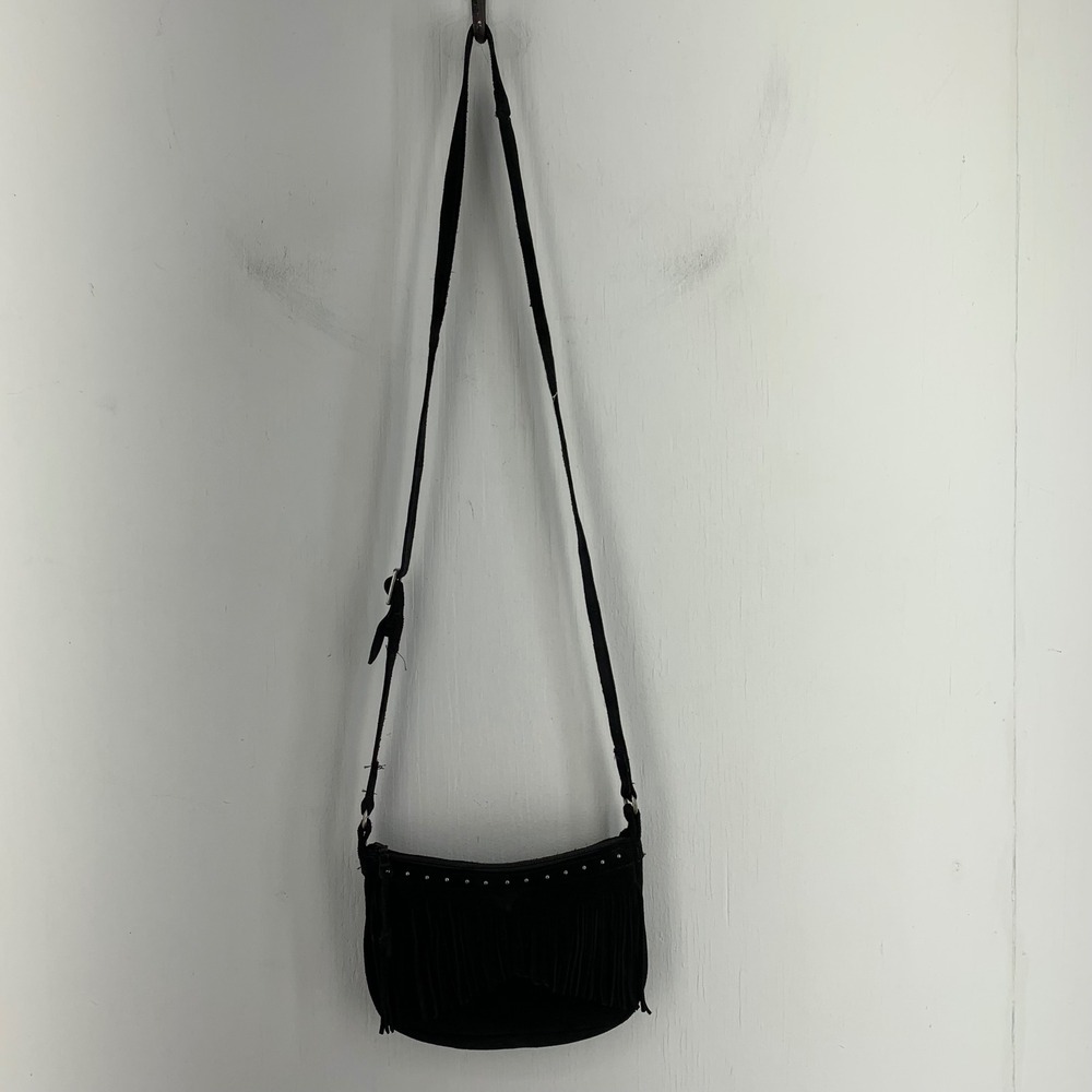 Minnetonka Black Suede Fringe Studded Crossbody Bag Western Boho Purse